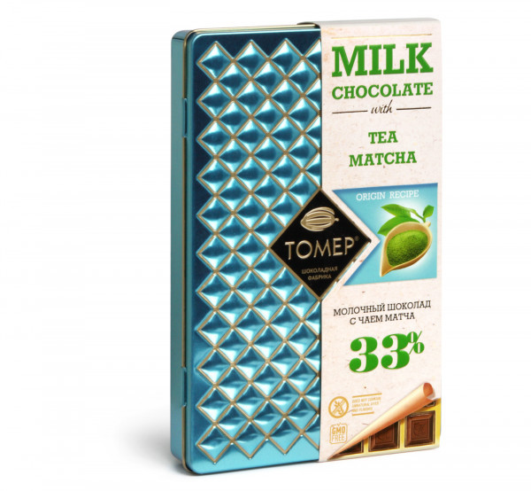 №1 Фабрика Томер металлический бокс Молочный шоколад с чаем МАТЧА ,33%  90г в Дмитрове