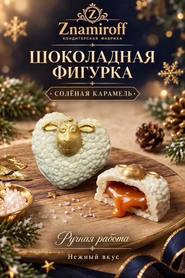 №1 Шоколад фигурный "Овечка-сердечко" белый шоколад с начинкой солёная карамель(блок 5шт по 70г) в Дмитрове
